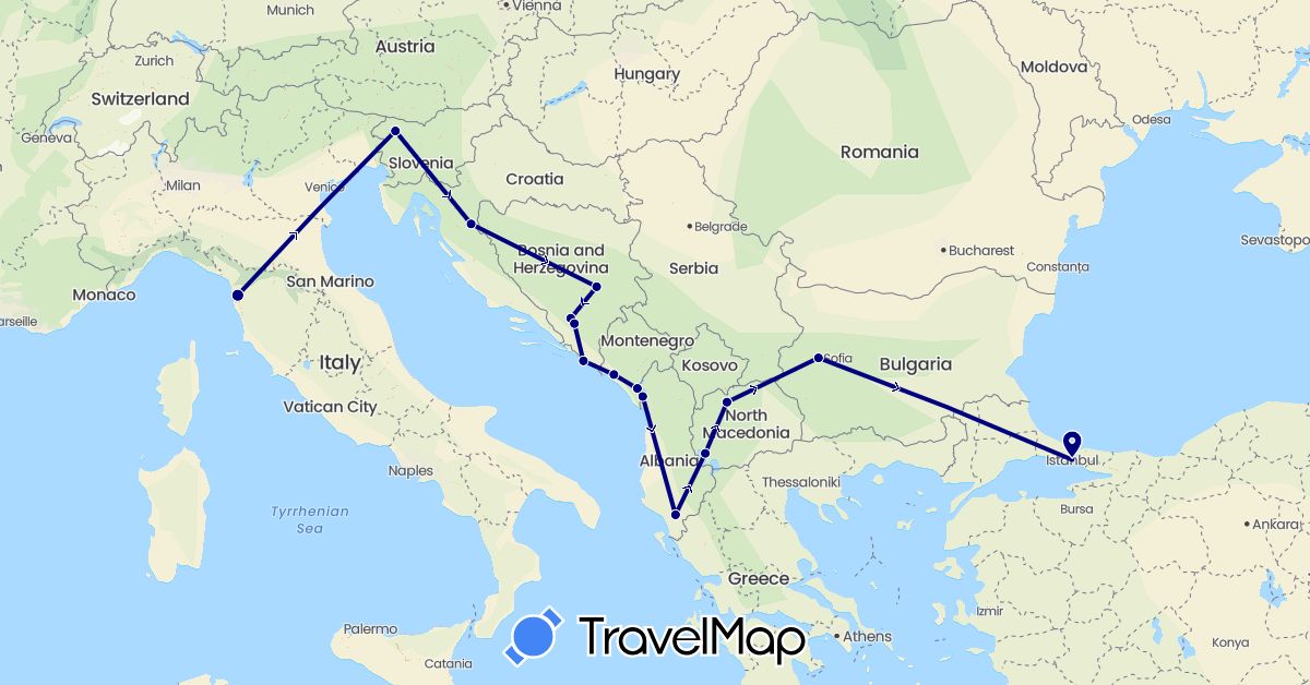 TravelMap itinerary: driving in Albania, Bosnia and Herzegovina, Bulgaria, Croatia, Italy, Montenegro, Macedonia, Slovenia, Turkey (Asia, Europe)